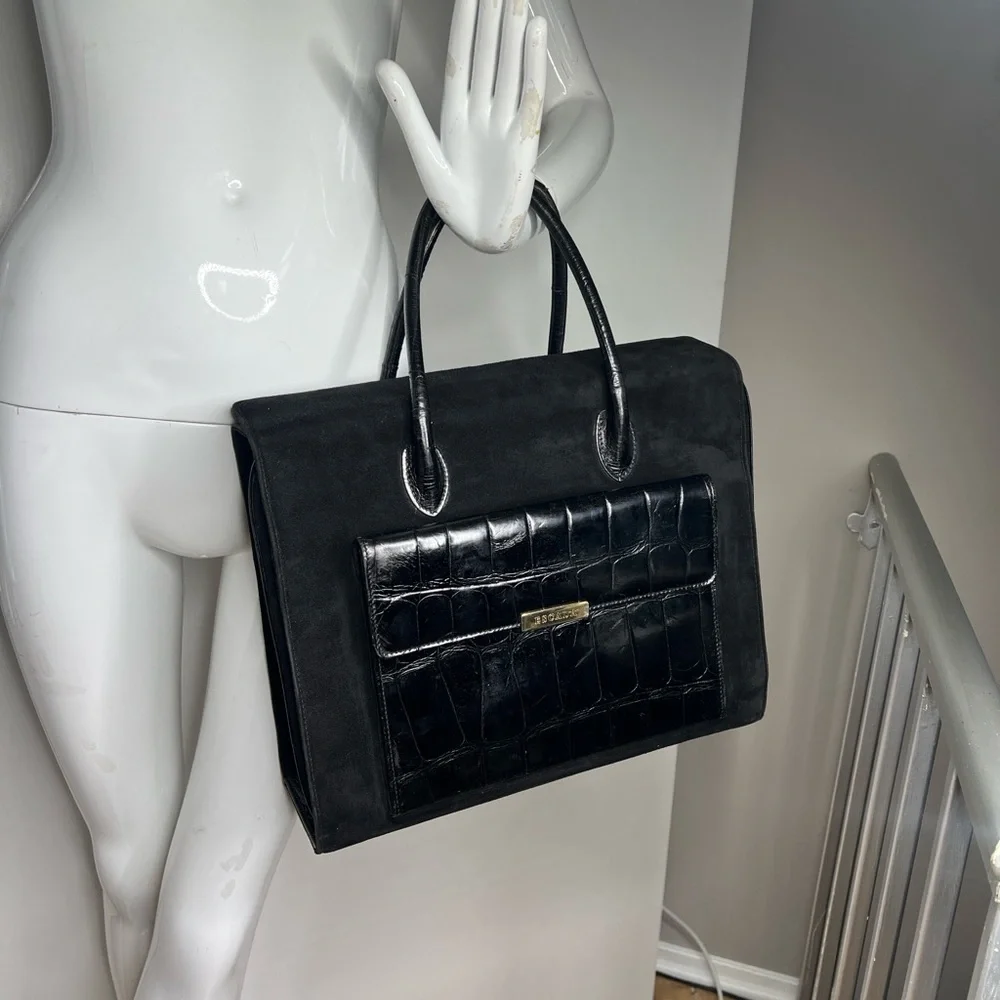 Escada Black Croc Embossed Leather Suede Pocket Structured Satchel Tote Bag